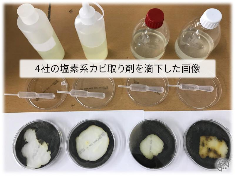 4社の塩素系カビ取り剤で浸透力を調査