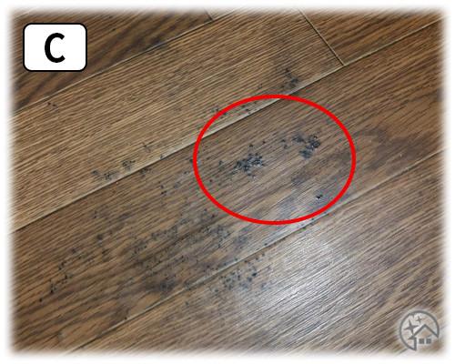 C：床材の擦っても取れない黒カビ / カビ取り侍の選び方と違い